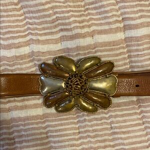 Brown Leather Belt with Metal Gold Floral Buckle